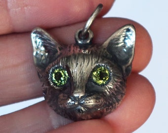 Large Size Oxidized Grey Sterling Silver Cat Charm with Genuine Peridot Eyes