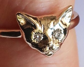 10k Yellow Gold Kitty Cat Ring with White Diamond Eyes, US Size 6.75, Ready to Ship
