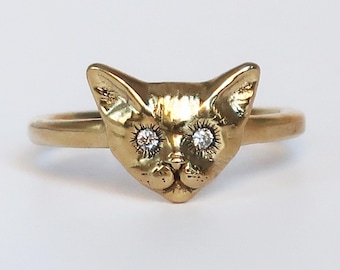 Gold Tone Kitty Cat Ring with White CZ Eyes