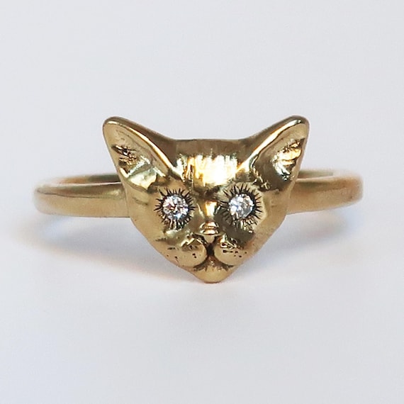 Gold Tone Kitty Cat Ring with White CZ Eyes