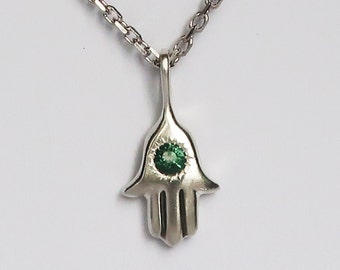 Sterling Silver and Green Tourmaline Hamsa Charm Necklace