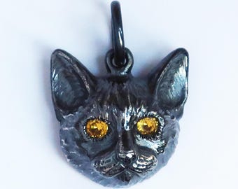 Black Cat Charm with Yellow Sapphire Eyes Blackened Sterling Silver Medium Size