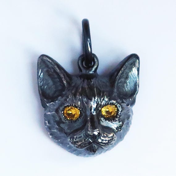 Black Cat Charm with Yellow Sapphire Eyes Blackened Sterling Silver Medium Size