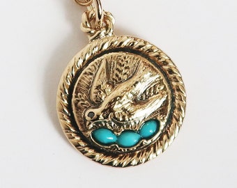 Yellow Gold & Turquoise Spring Robin with Eggs -Medallion- pendant only. Ready to Ship