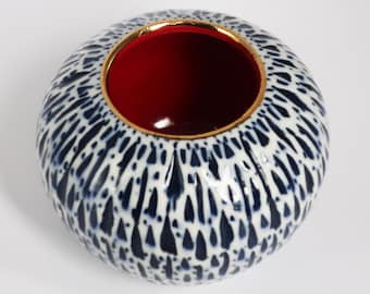 Small Red, White, Blue & Gold, Wheel Thrown, Hand Carved Porcelain Vessel