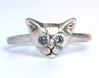 Sterling Silver Kitty Cat Ring with Aquamarine Eyes-Size 7.25