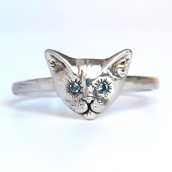 Sterling Silver Kitty Cat Ring with Aquamarine Eyes-Size 7.25