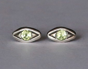 Sterling Silver with Pale Green Peridot Evil Eye Stud Earrings