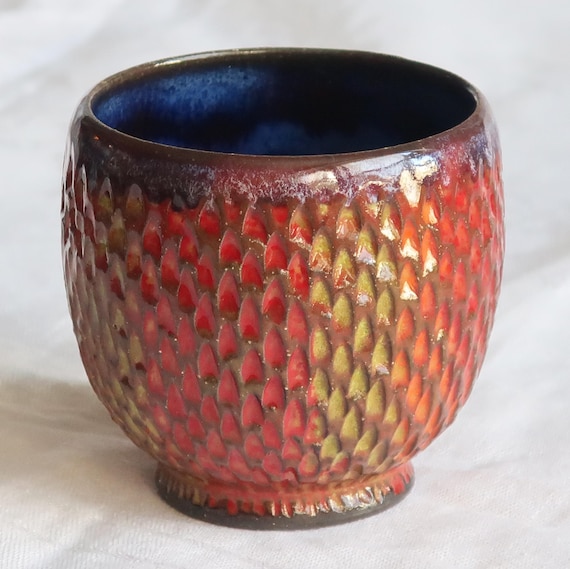 Flaming Red, Yellow, Orange Dragon Mead/Wine Cup-Dark Brown Carved Stoneware-One of A Kind