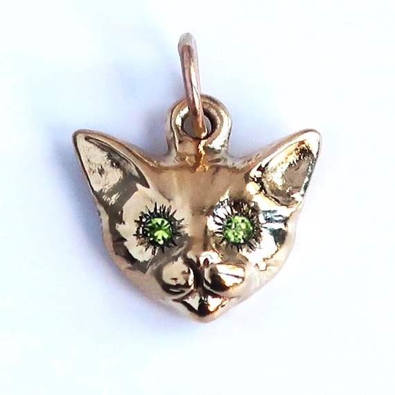 Gold Tone Cat Charm Brass with Multiple Gemstone Eyes