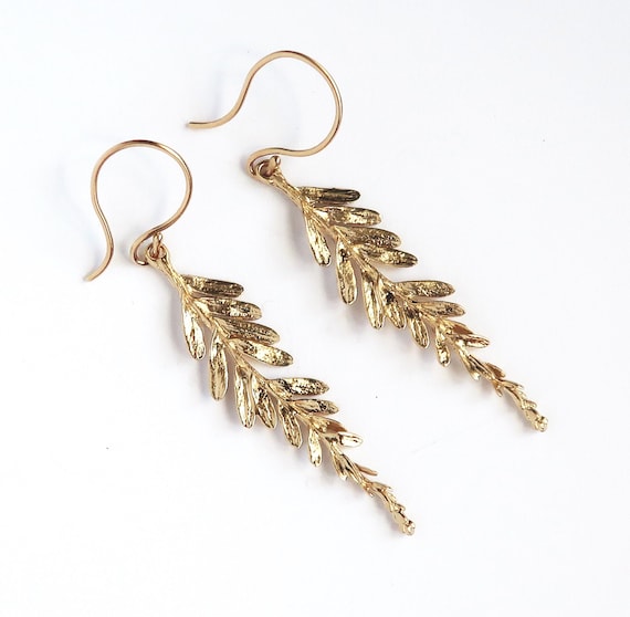 Gold Tone California Coastal Redwood Branch Earrings-Brass with gold filled ear wires