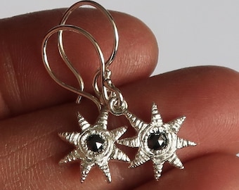 Sterling Silver and Black Rose Cut Diamond Celestial Earrings