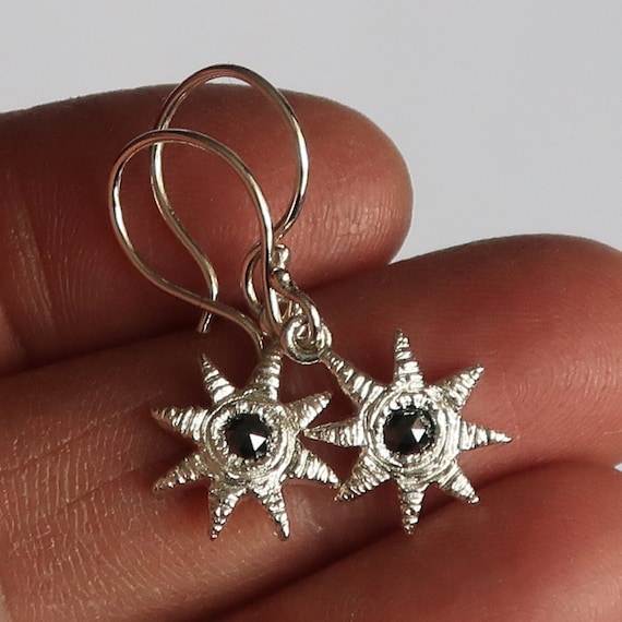 Sterling Silver and Black Rose Cut Diamond Celestial Earrings