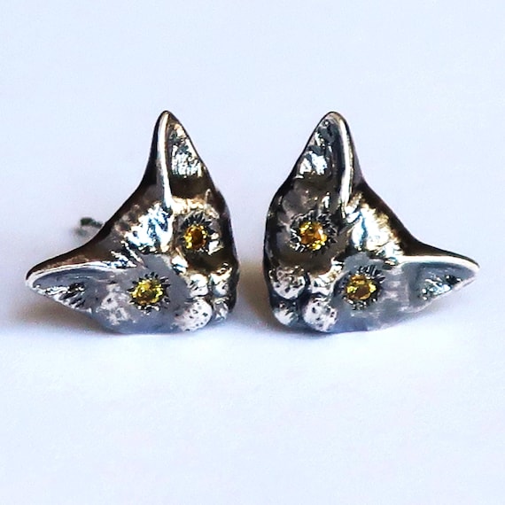 Kitty Stud Earrings, Oxidized Silver & Genuine Yellow Sapphire
