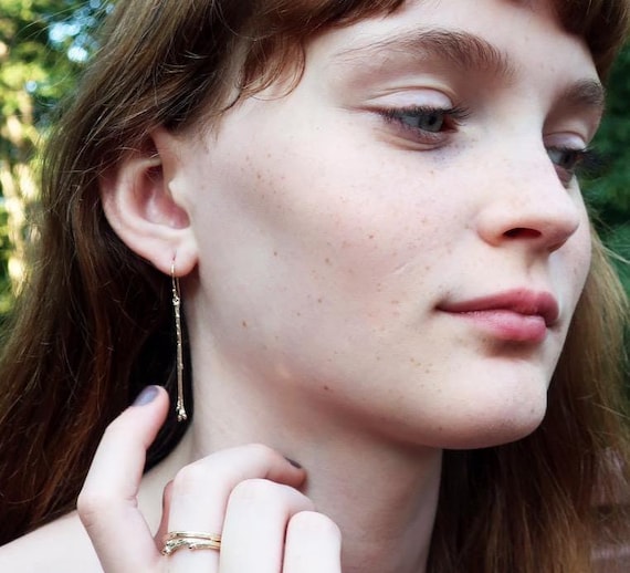 Long Island Oak Twig Earrings, 10K yellow Gold