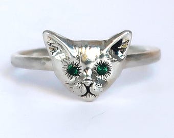 Sterling Silver Kitty Cat Ring with Green Spinel Eyes-Size 7.5