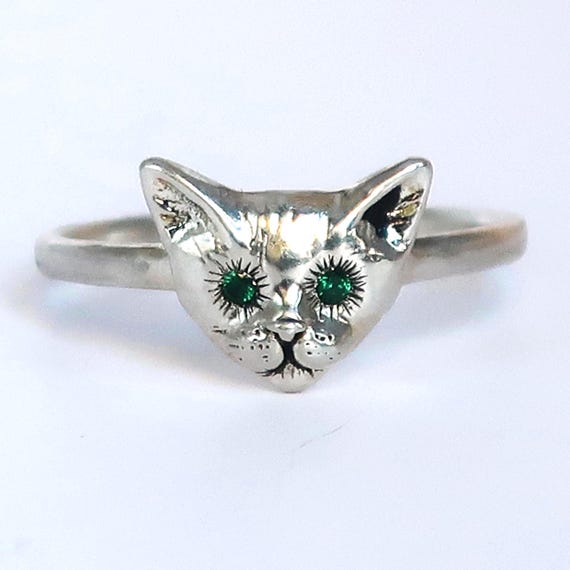 Sterling Silver Kitty Cat Ring with Green Spinel Eyes-Size 7.5