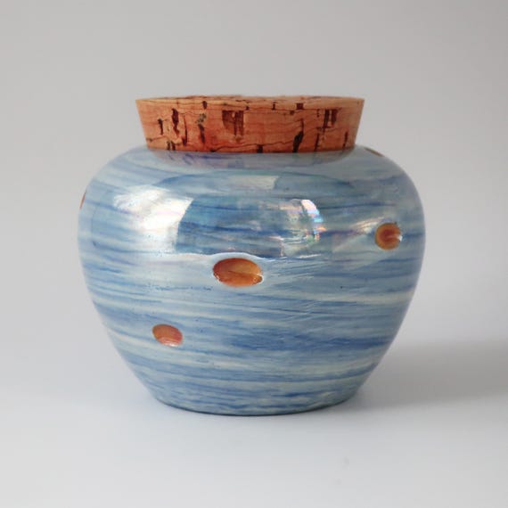 Atmospheric Iridescent Porcelain Potion/Stash Jar, blue and white, Mother of Pearl Lustered, Wheel-Thrown