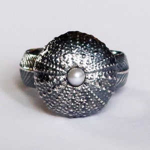 Blackened Sterling Silver and Pearl Large Cushion Sea Urchin Ring, size 7.75