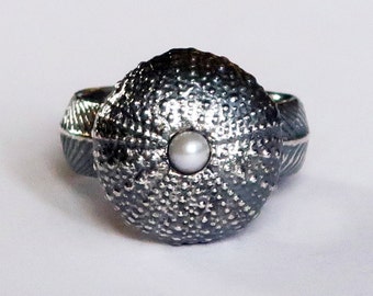 Blackened Sterling Silver and Pearl Large Cushion Sea Urchin Ring, size 7.75