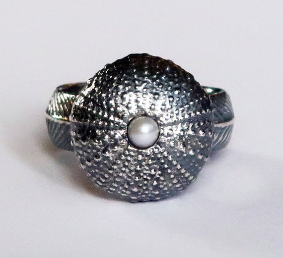 Ready to ship-Blackened Sterling Silver and Pearl Large Cushion Sea Urchin Ring, size 7.75