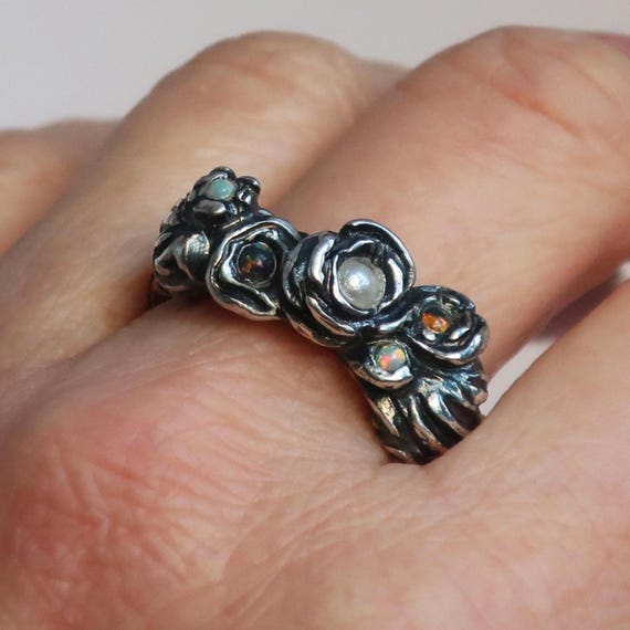 Twisted Garland Statement Ring Sterling Silver with Pearl, Opal, Golden Sapphire, US SIZE 7