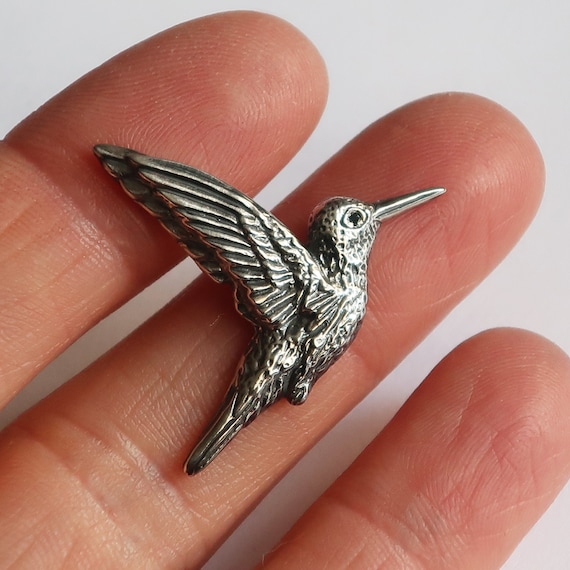 Silver Hummingbird Pendant with Black Diamond -Oxidized Sterling Silver
