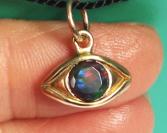 Large Brass & Faceted Black Opal Eye Charm with Rainbow Fire