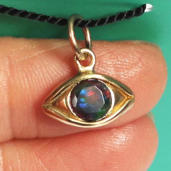 Large Brass & Faceted Black Opal Eye Charm with Rainbow Fire