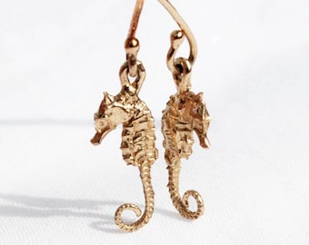 Solid Gold Tiny Dangling Seahorse Earrings