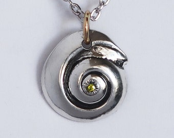 Tiny sterling silver & chartreuse yellow sapphire Long Island Atlantic Moon Shell Charm Necklace