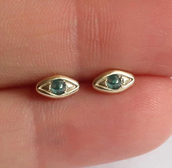 Solid Gold with Blue GreyDiamond, Evil Eye Stud Earrings-Ready to Ship