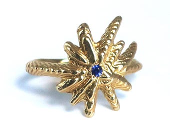 Gold Tone Brass and Blue Sapphire Starburst Ring size 5.5