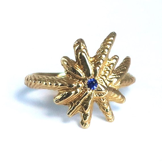 Gold Tone Brass and Blue Sapphire Starburst Ring size 5.5