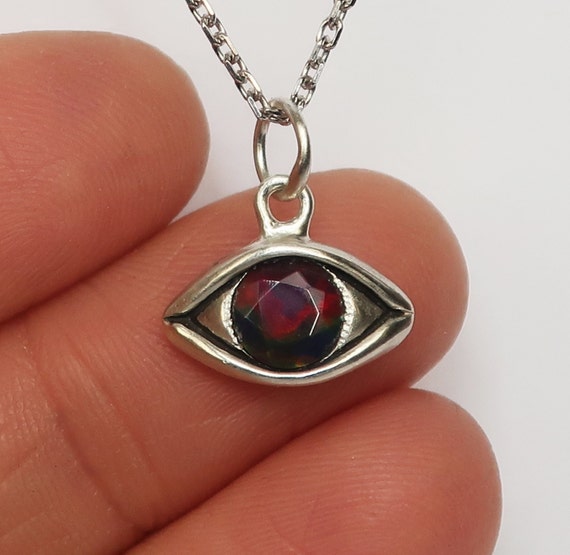 Large Sterling Silver Faceted Black Opal Eye Charm with Red, Green and Yellow Fire