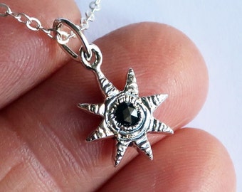 Sterling Silver and Black Rose Cut Diamond Celestial Charm Necklace