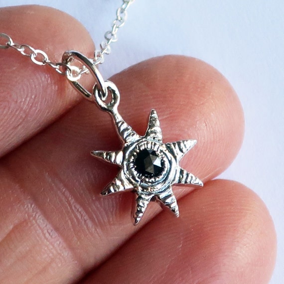 Sterling Silver and Grey Black Rose Cut Diamond Celestial Charm Necklace