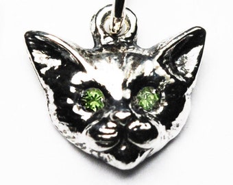 Small Sterling Silver Kitty Cat Charm with Jeweled Eyes-multiple gemstone options