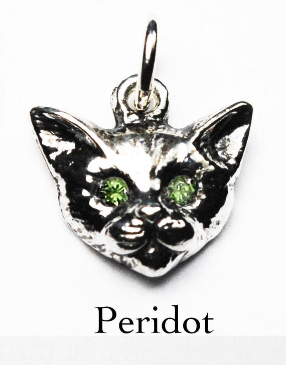 Small Sterling Silver Kitty Cat Charm with Jeweled Eyes-multiple gemstone options