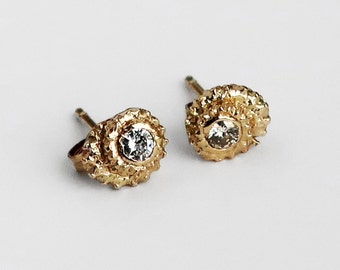 Gold and White Diamond Tiny Curled Tentacle Stud Earrings