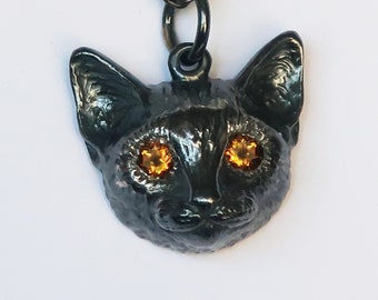 Large Size Blackened Sterling Silver Cat Charm with Golden Citrine Eyes-Ready to ship!