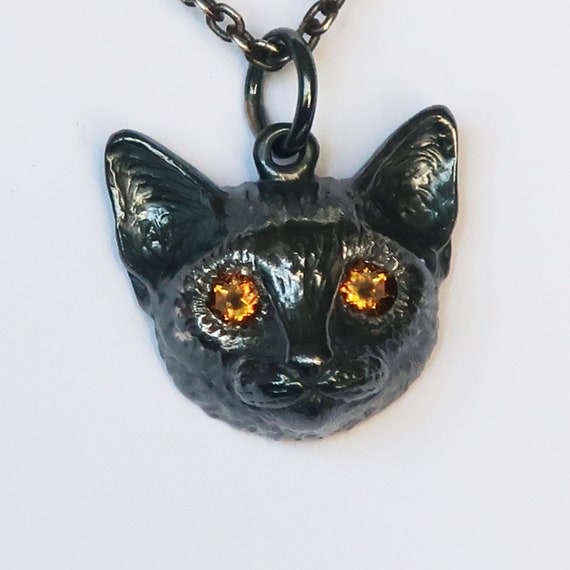 Large Size Blackened Sterling Silver Cat Charm with Golden Citrine Eyes