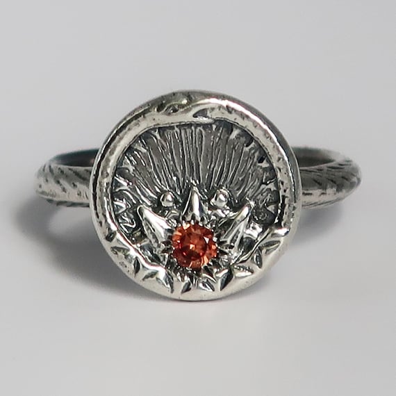 Sterling Silver with Pink Sapphire, Ouroboros Snake, Antique Parisian Button Ring- US size 7