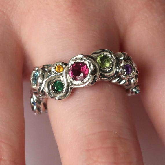 Twisted Garland Sterling Silver Statement Ring with Assorted precious gemstones.