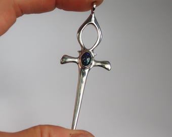 Sterling Silver and Genuine Boulder Opal Ankh Dagger Pendant-Ready to Ship