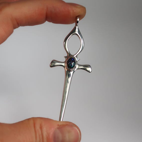 Sterling Silver and Genuine Boulder Opal Ankh Dagger Pendant-Ready to Ship