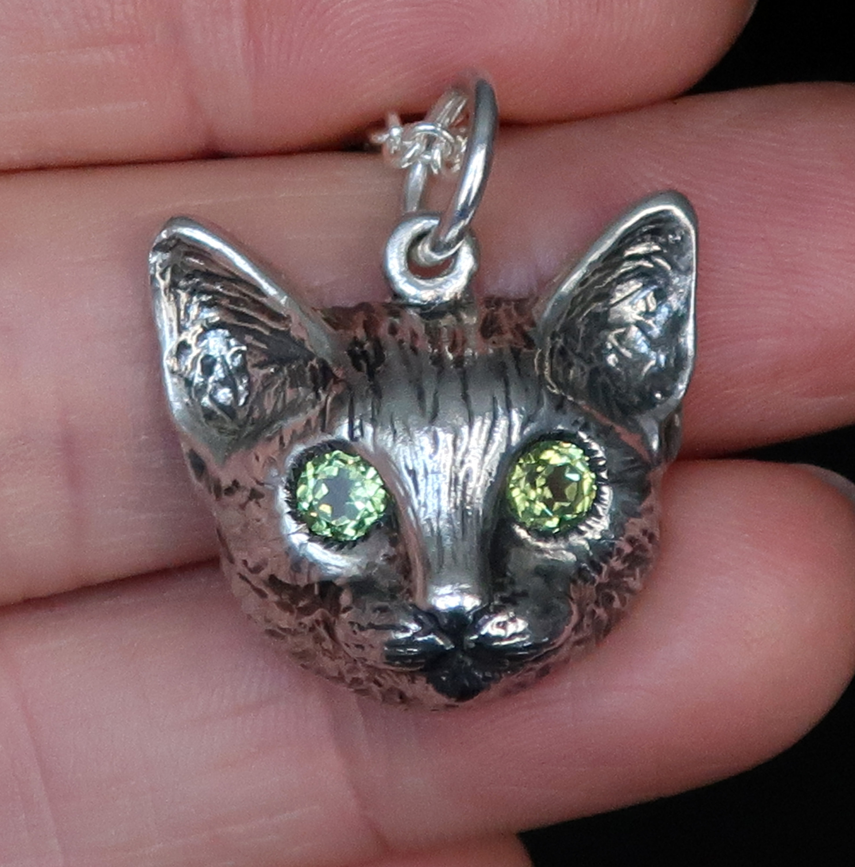 Sterling Silver Cat Charms / Pendants Green Eyed Cat