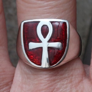 Sterling Silver and Blood Red Enameled Ankh Ring, Limited Edition, Ready to Ship, US Size 7.25