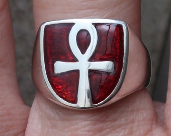 Sterling Silver and Blood Red Enameled Ankh Ring, Limited Edition, Ready to Ship, US Size 7.25