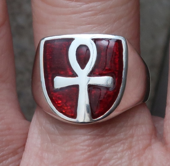Sterling Silver Ankh Ring with Red Enamel, US Size 7.25